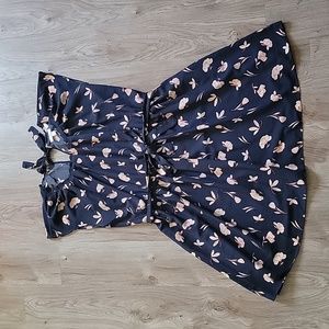 Floral Pleated Mini Dress w/ Keyhole Tie Back & Elastic Waist